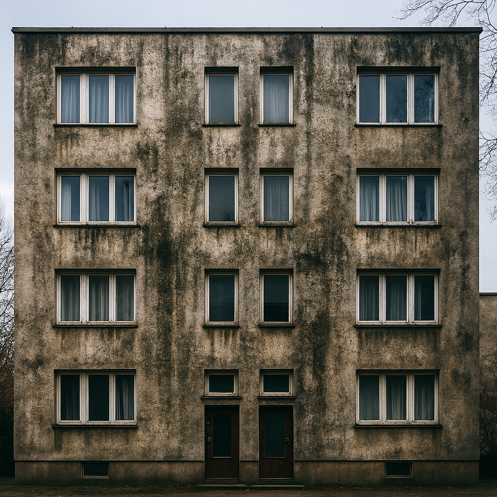 budynek wielokondygnacyjne ze zniszczoną przez brud elewacją