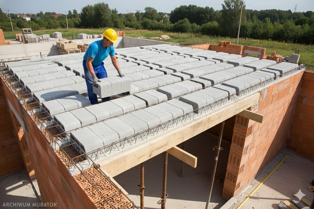 Pracownicy budowlani układają strop gęstożebrowy